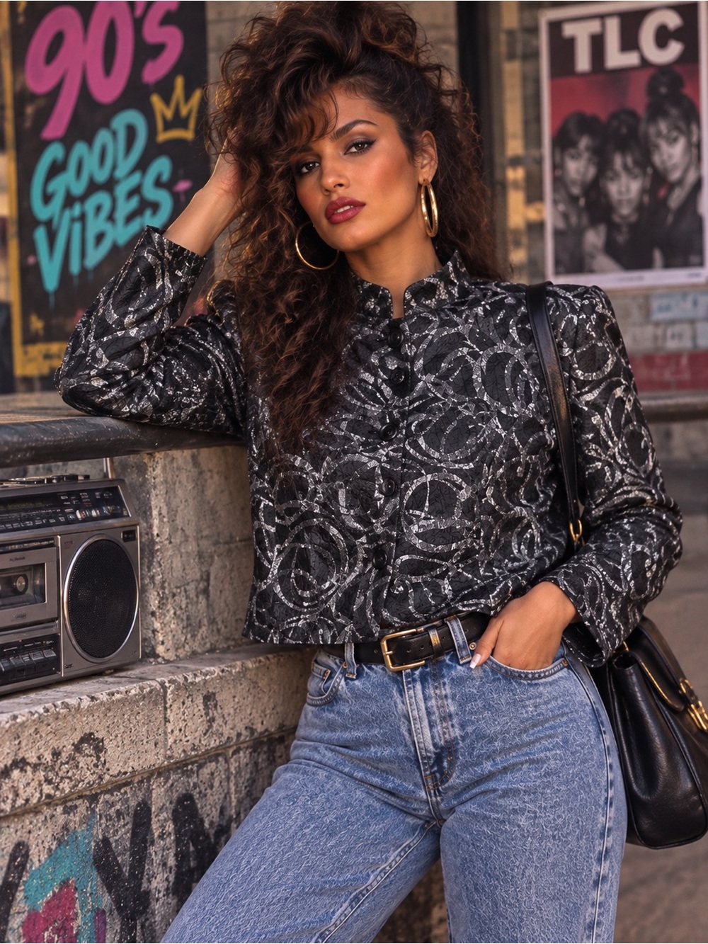 Erin London Black Metallic Patterned Cropped Jacket 80s